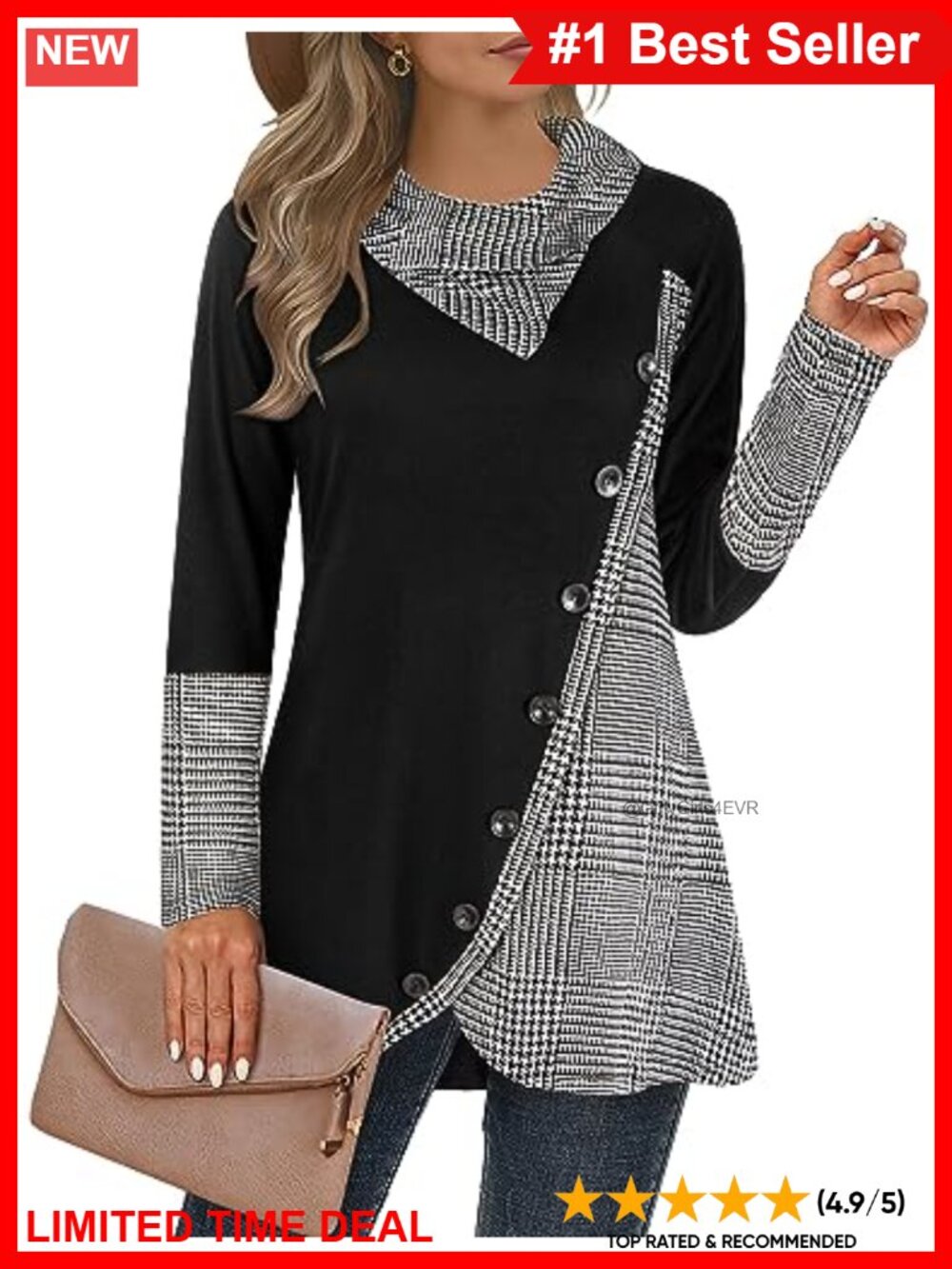 Cowl Neck Plaid Tunic Top Asymmetrical Long Blouse Pullover Loose Fit